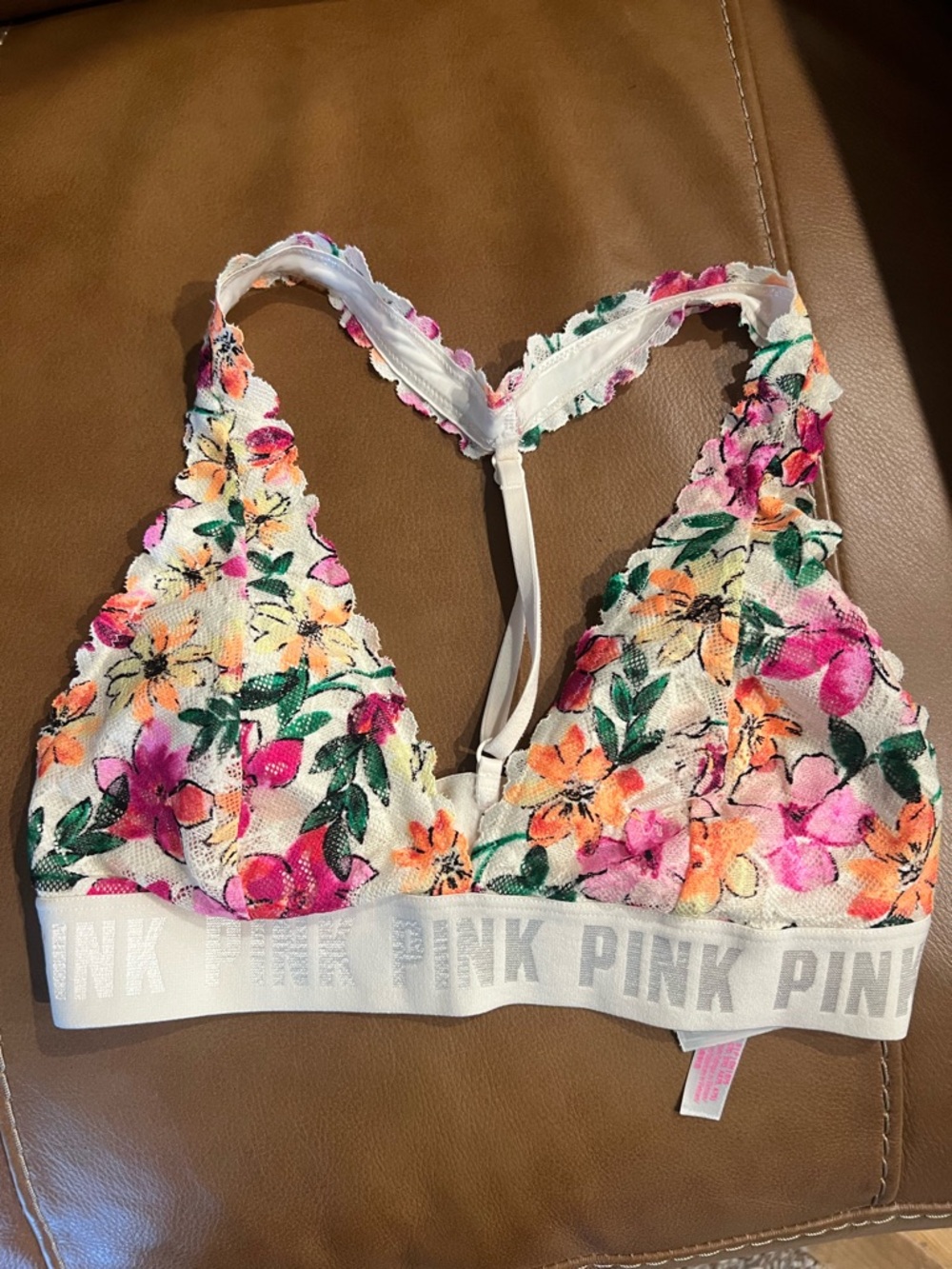 PINK Victoria's Secret Floral Lace Bralette in White with Pink & Orange Flowers